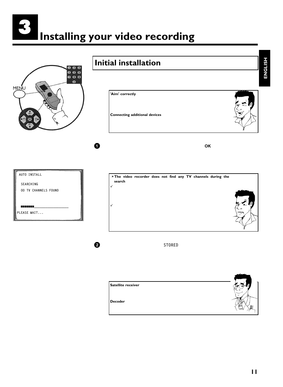 Installing your video recording, Initial installation | Philips VCR VR 170/07 User Manual | Page 17 / 56