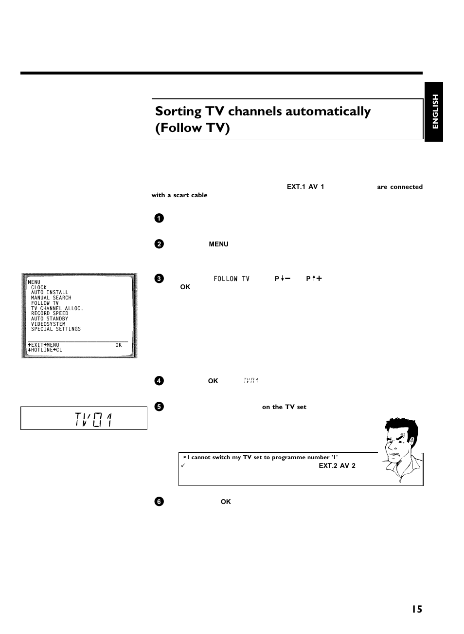 Sorting tv channels automatically (follow tv), Tv01, Installing your video recording | Philips VCR VR 170/07 User Manual | Page 21 / 56