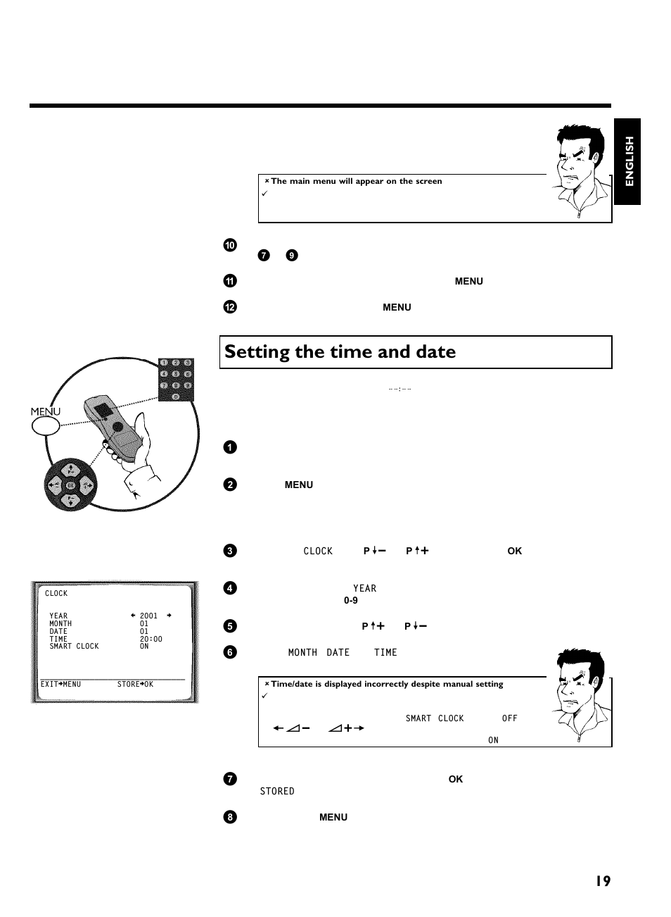 Setting the time and date, Installing your video recording | Philips VCR VR 170/07 User Manual | Page 25 / 56