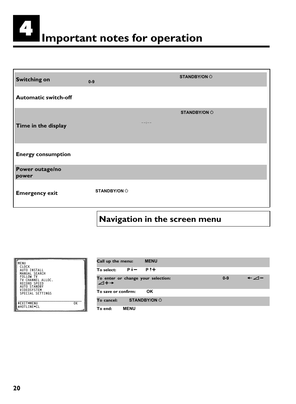 Important notes for operation, Navigation in the screen menu | Philips VCR VR 170/07 User Manual | Page 26 / 56