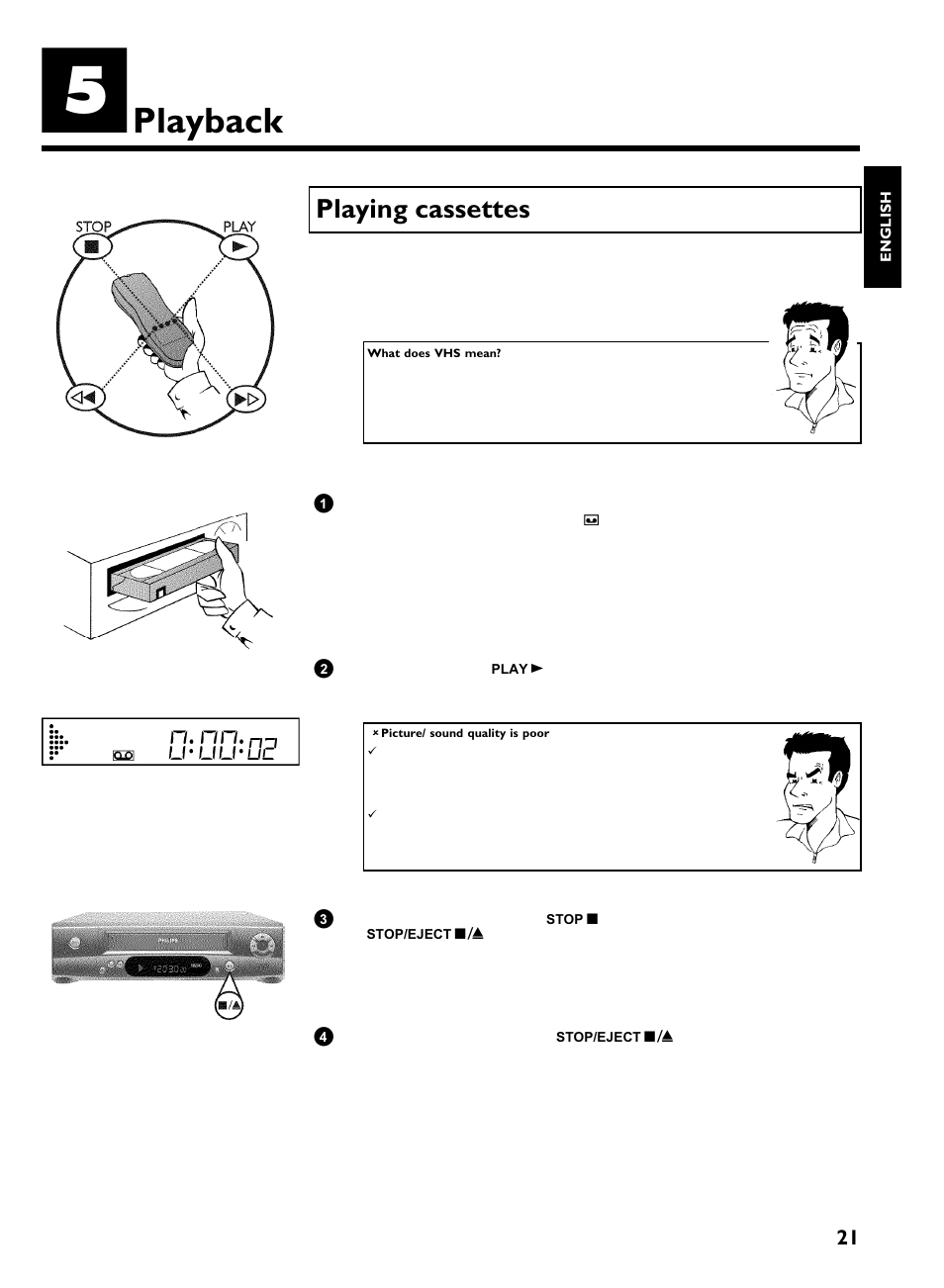 Playback, Playing cassettes | Philips VCR VR 170/07 User Manual | Page 27 / 56