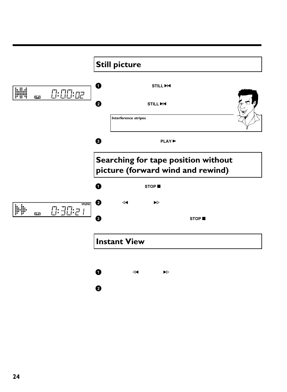 Still picture, Instant view | Philips VCR VR 170/07 User Manual | Page 30 / 56