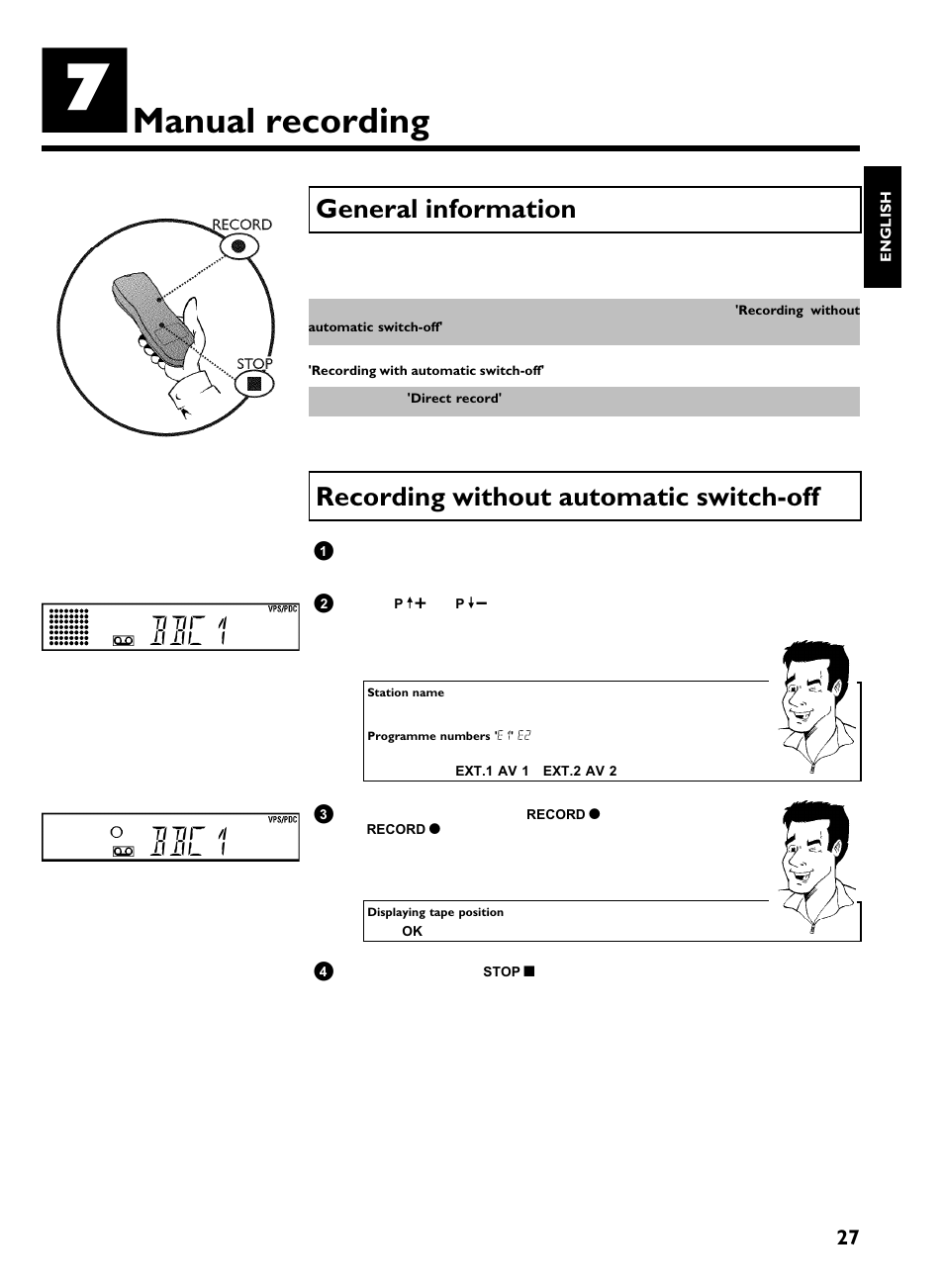 Manual recording, General information, Recording without automatic switch-off | Bbc1, Recording without automatic switch off | Philips VCR VR 170/07 User Manual | Page 33 / 56