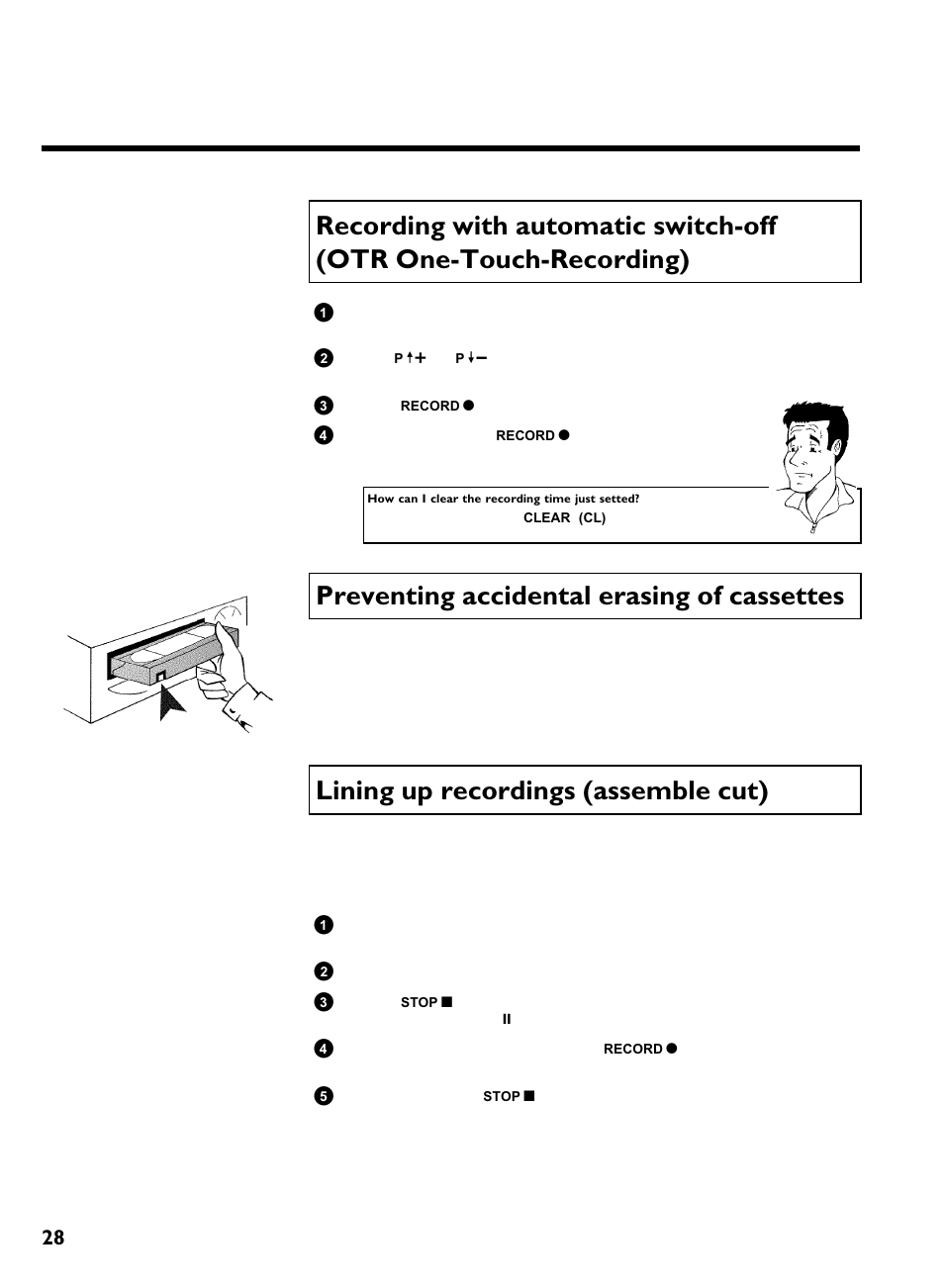 Preventing accidental erasing of cassettes, Lining up recordings (assemble cut), Manual recording | Philips VCR VR 170/07 User Manual | Page 34 / 56