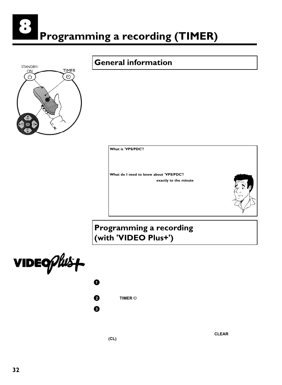 Programming a recording, Timer), General information | Programming a recording (with 'video plus+'), Programming a recording (timer) | Philips VCR VR 170/07 User Manual | Page 38 / 56