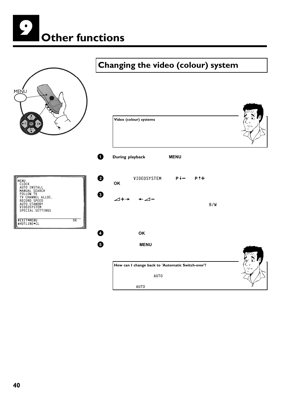 Other functions, Changing the video (colour) system | Philips VCR VR 170/07 User Manual | Page 46 / 56