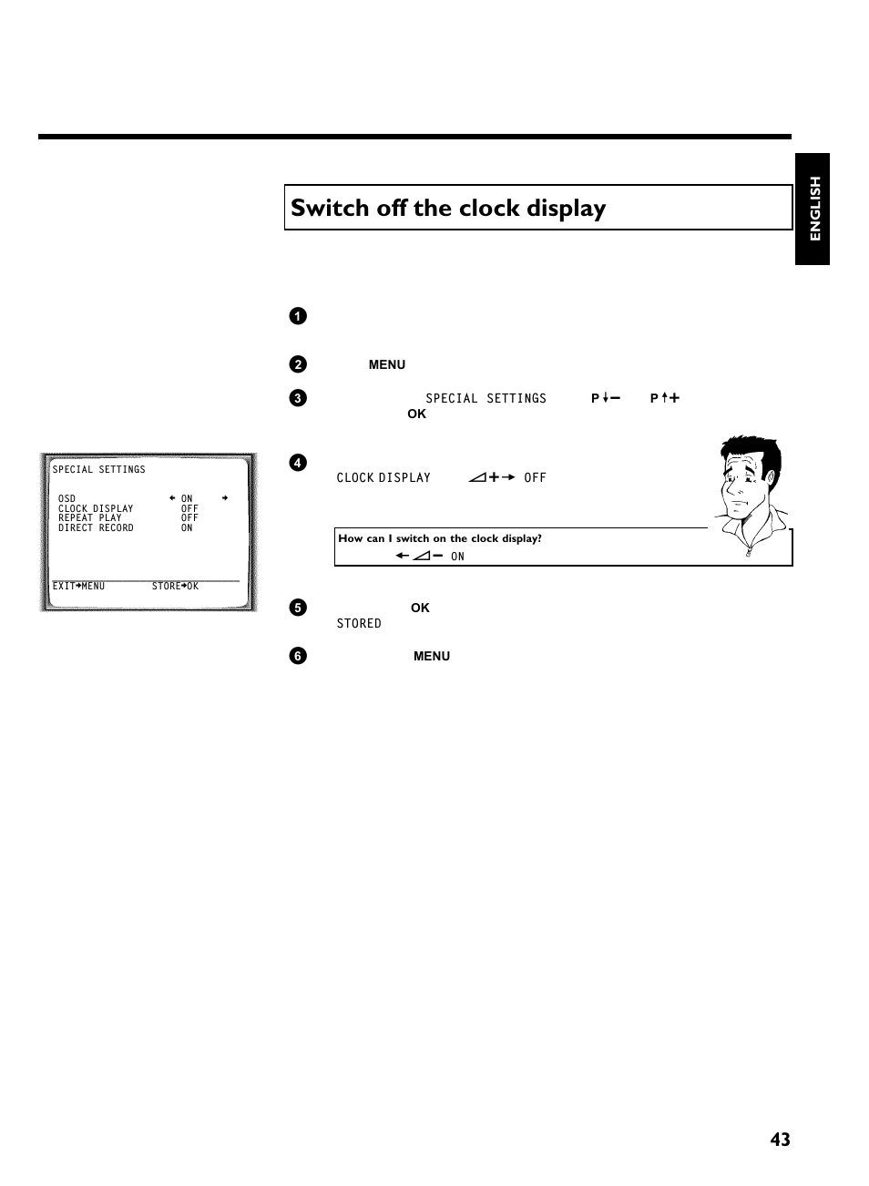 Switch off the clock display, Other functions | Philips VCR VR 170/07 User Manual | Page 49 / 56