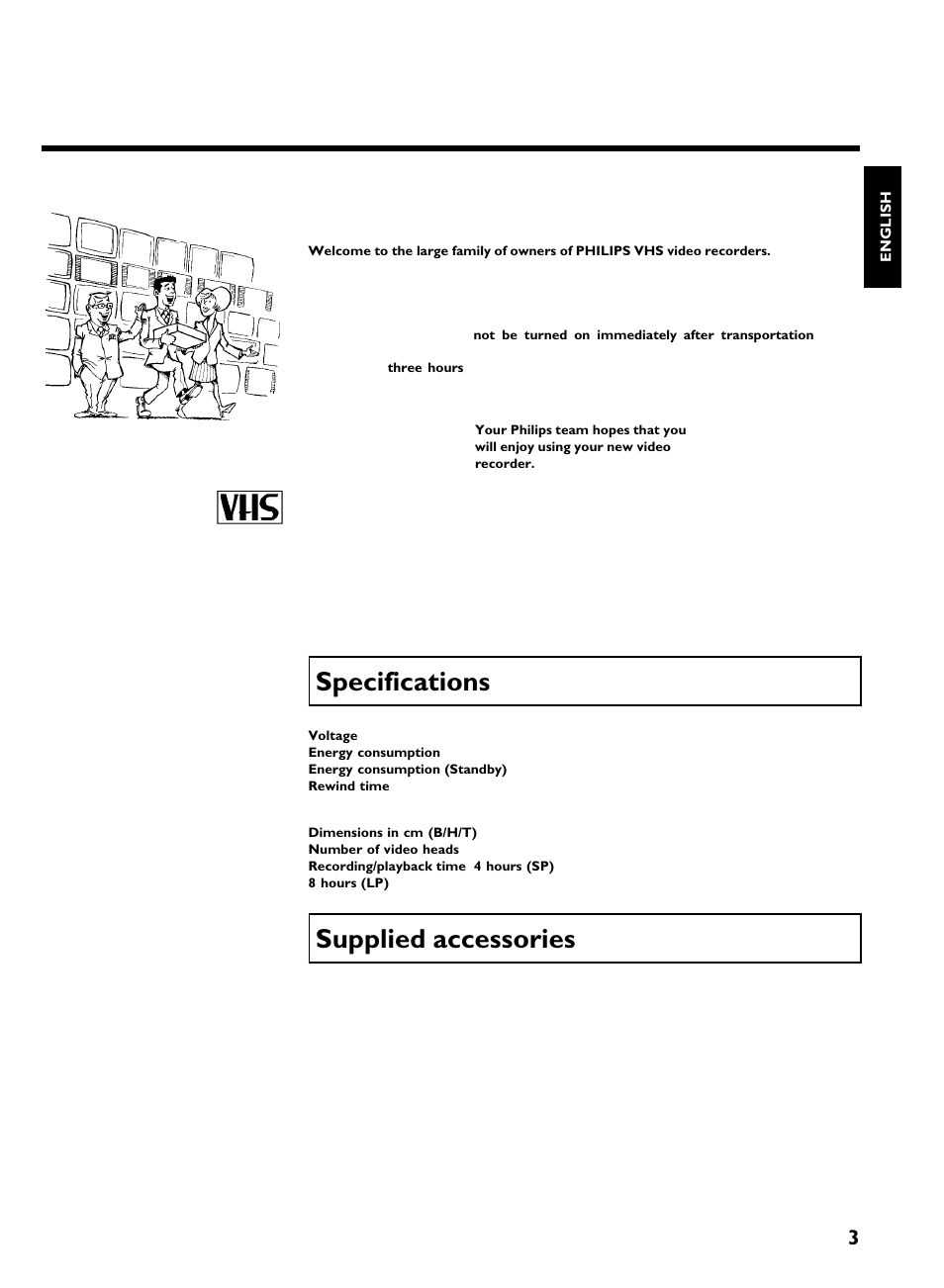 Specifications, Supplied accessories, Introduction | Philips VCR VR 170/07 User Manual | Page 9 / 56