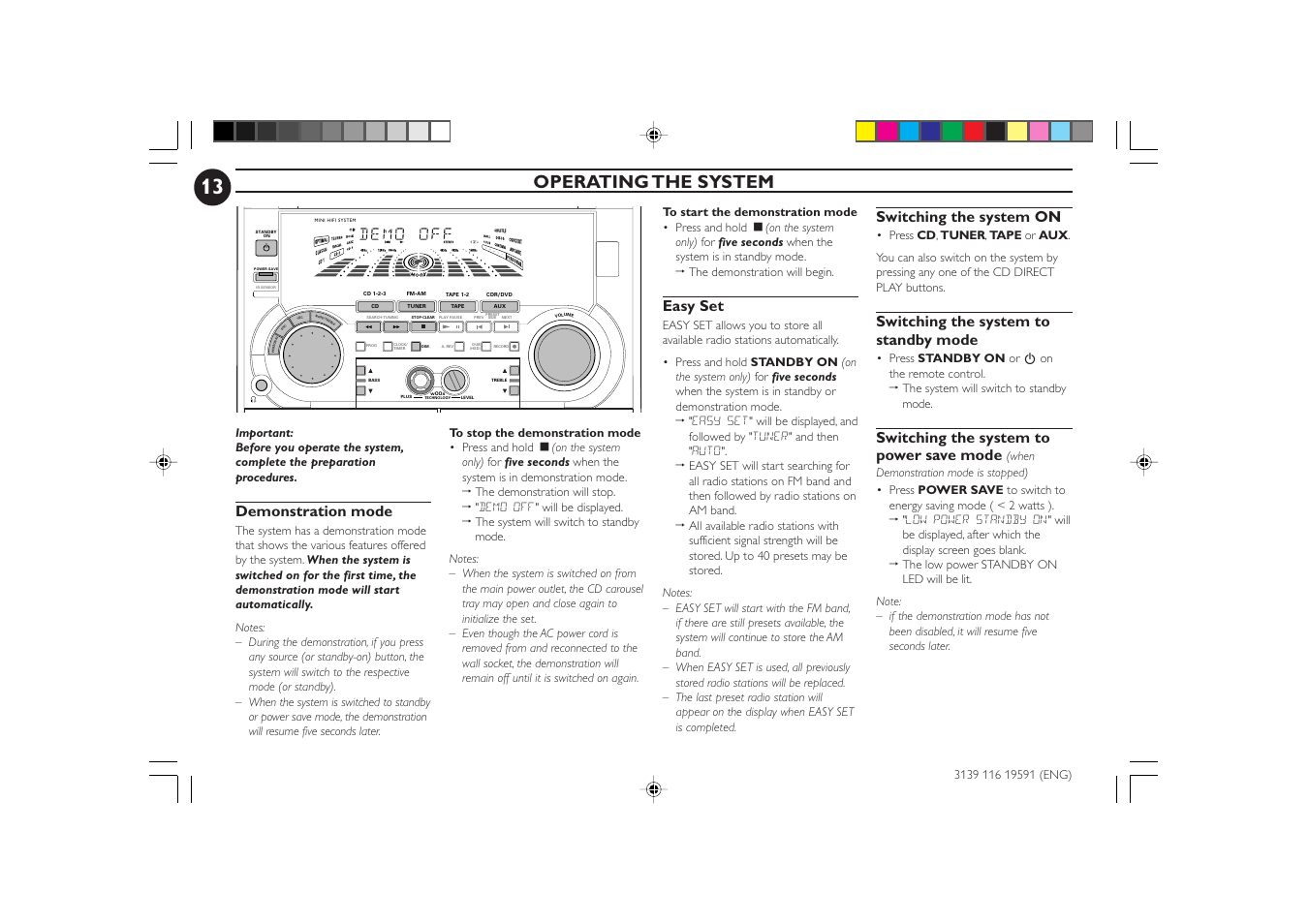 Operating the system, Demonstration mode, Easy set | Switching the system on, Switching the system to standby mode, Switching the system to power save mode | Philips FW-C85 User Manual | Page 13 / 30