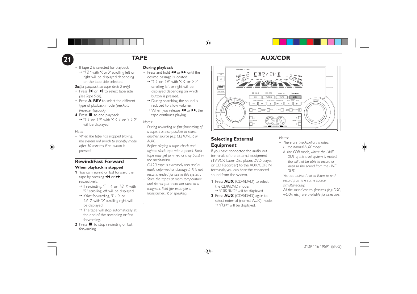 Tape aux/cdr, Selecting external equipment, Rewind/fast forward | Philips FW-C85 User Manual | Page 21 / 30