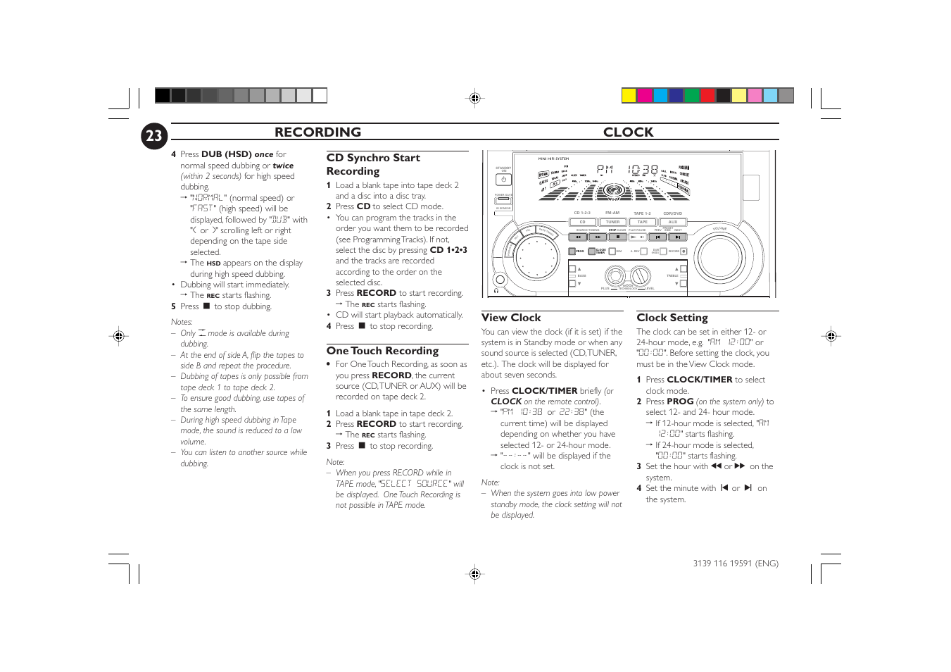 Recording clock, Cd synchro start recording, One touch recording | View clock, Clock setting | Philips FW-C85 User Manual | Page 23 / 30