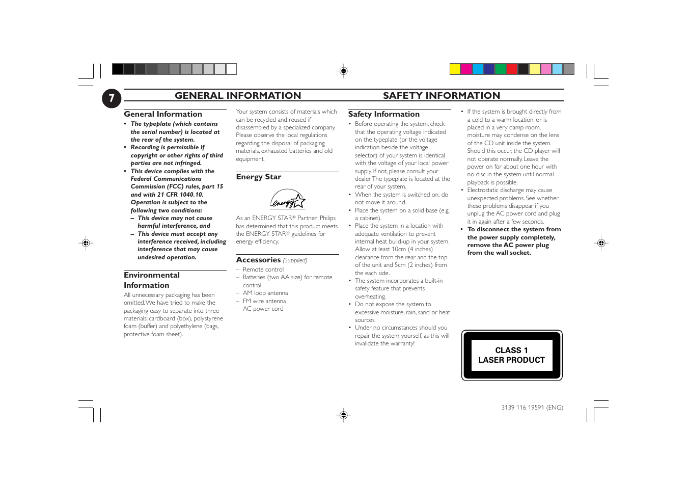 General information safety information | Philips FW-C85 User Manual | Page 7 / 30