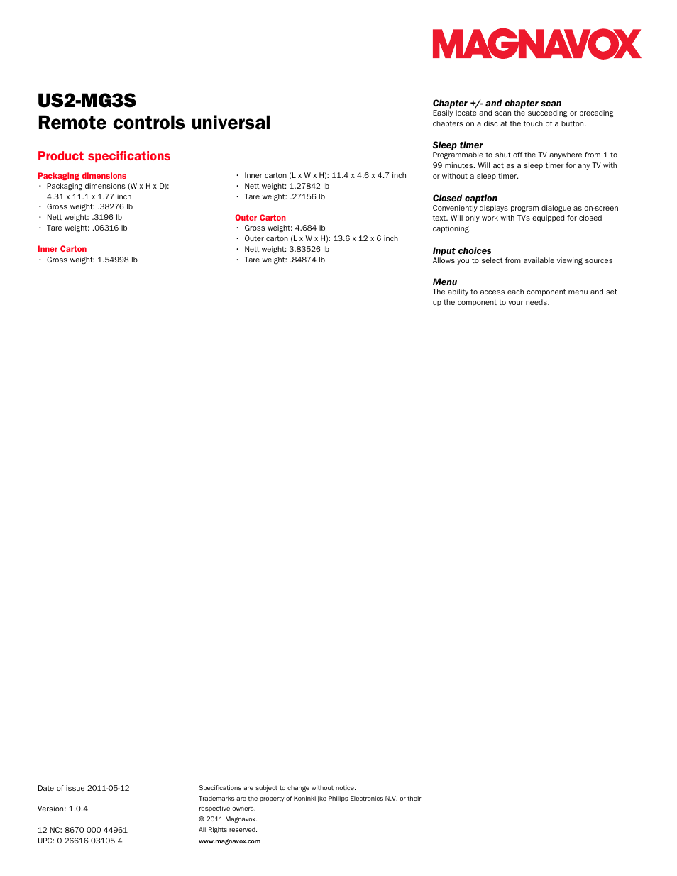 Us2-mg3s, Remote controls universal, Product specifications | Philips Remote Controls User Manual | Page 2 / 2