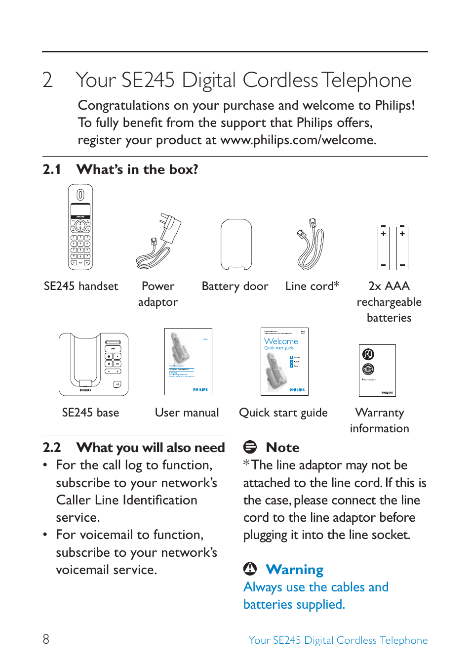 2 your se245 digital cordless telephone | Philips SE245 User Manual | Page 10 / 56