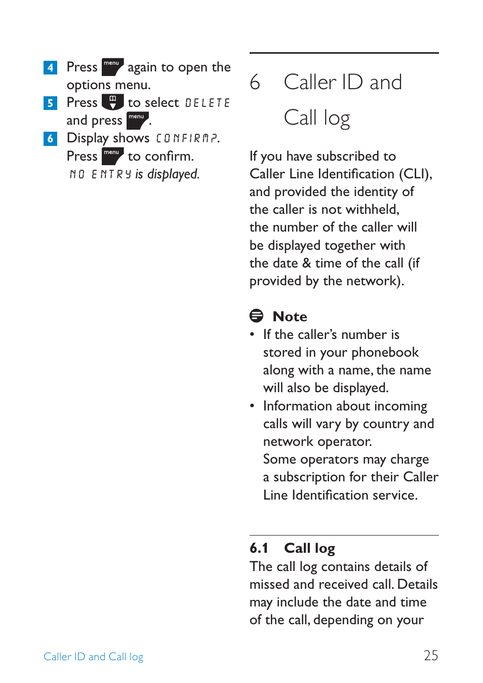 6 caller id and call log | Philips SE245 User Manual | Page 27 / 56