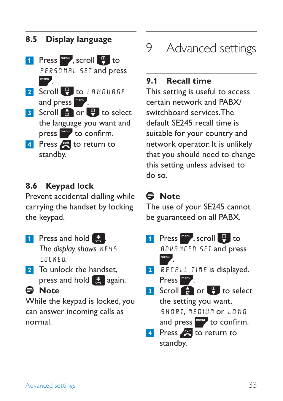 9 advanced settings | Philips SE245 User Manual | Page 35 / 56