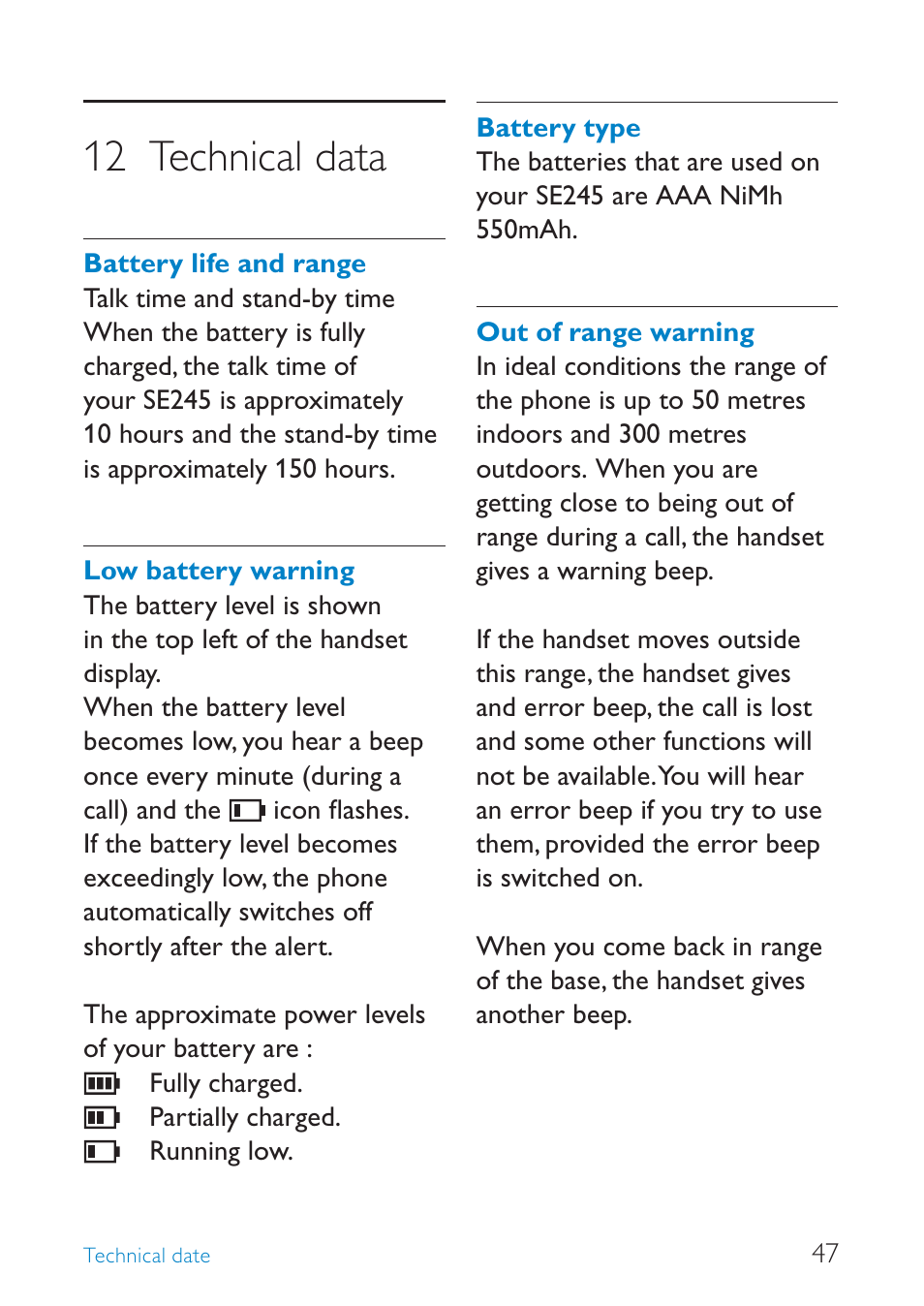 12 technical data | Philips SE245 User Manual | Page 49 / 56