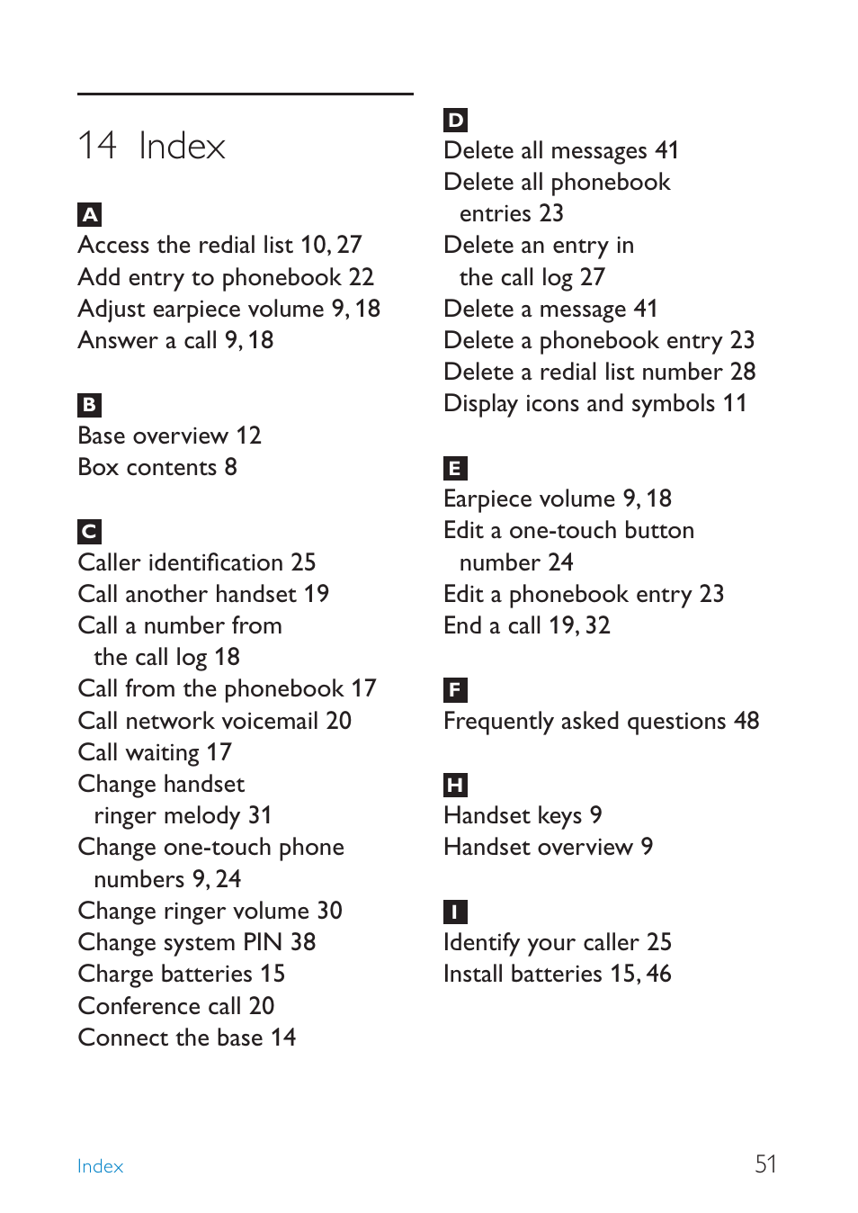 14 index | Philips SE245 User Manual | Page 53 / 56