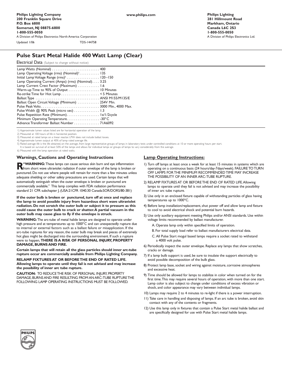 Pulse start metal halide 400 watt lamp (clear) | Philips 144758 User Manual | Page 2 / 2