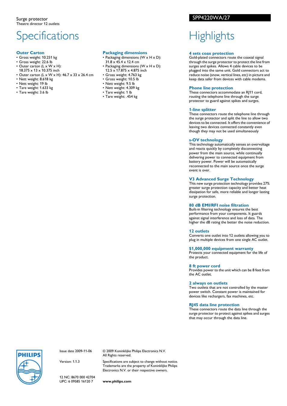 Specifications, Highlights | Philips SPP4220WA User Manual | Page 2 / 2