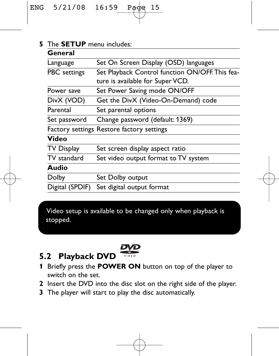 2 playback dvd | Philips PET831/12 User Manual | Page 15 / 29