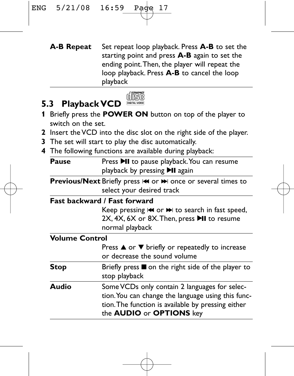 3 playback vcd | Philips PET831/12 User Manual | Page 17 / 29