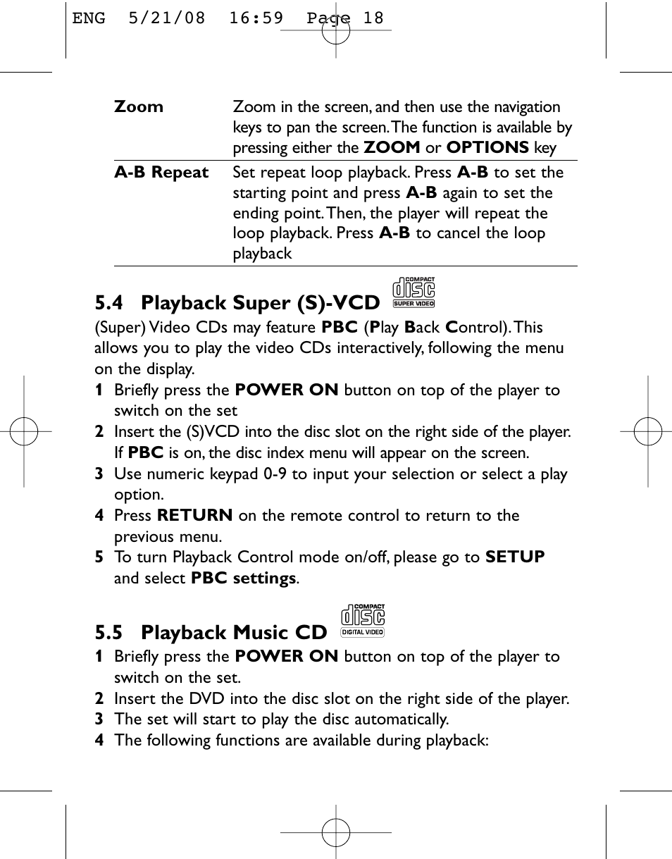 4 playback super (s)-vcd, 5 playback music cd | Philips PET831/12 User Manual | Page 18 / 29
