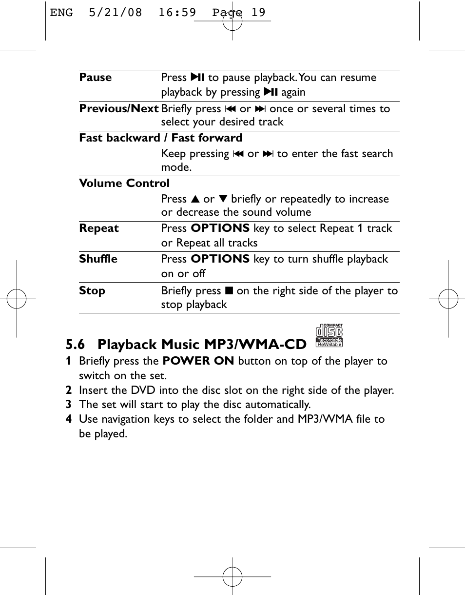 6 playback music mp3/wma-cd | Philips PET831/12 User Manual | Page 19 / 29