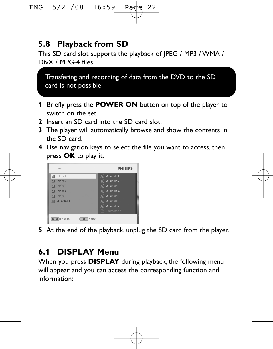 8 playback from sd, 6 addition functions 6.1 display menu | Philips PET831/12 User Manual | Page 22 / 29