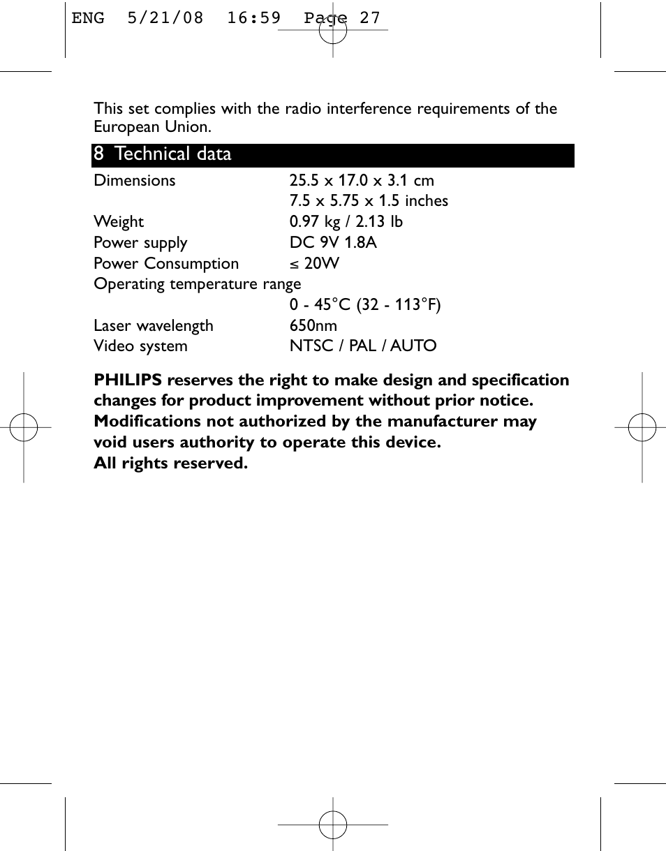 8 technical data | Philips PET831/12 User Manual | Page 27 / 29