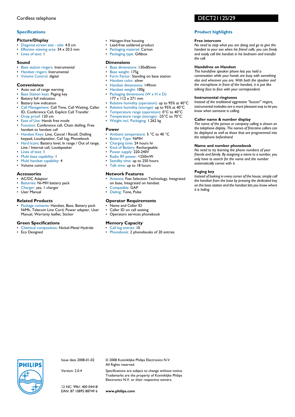Philips DECT2112S EN User Manual | Page 2 / 2