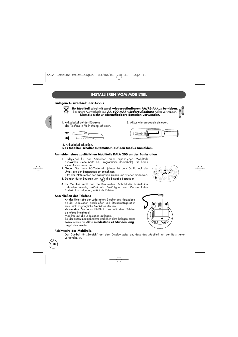 Installieren vom mobilteil | Philips KALA TD6830 User Manual | Page 10 / 88