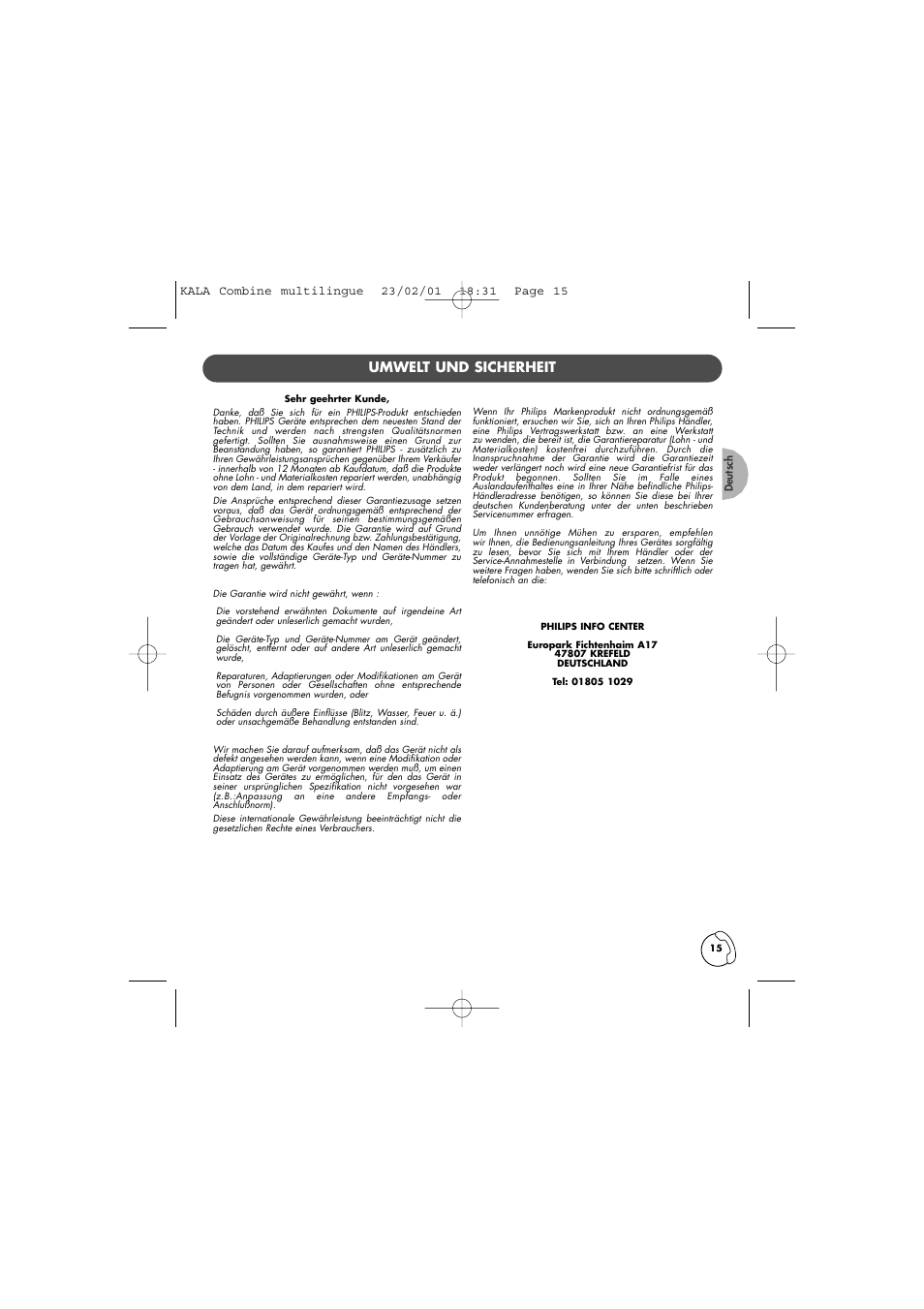Umwelt und sicherheit | Philips KALA TD6830 User Manual | Page 15 / 88