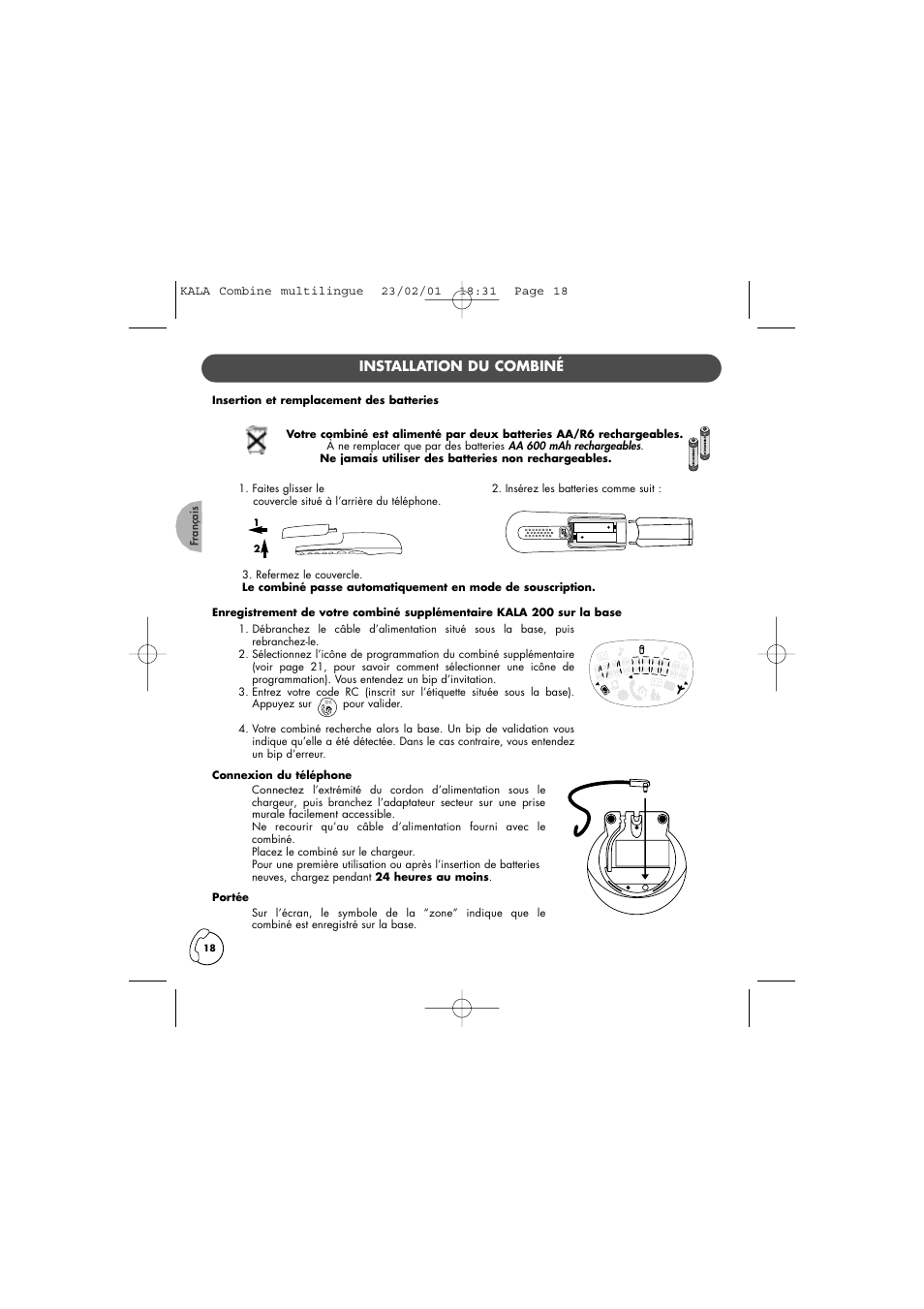 Installation du combiné | Philips KALA TD6830 User Manual | Page 18 / 88