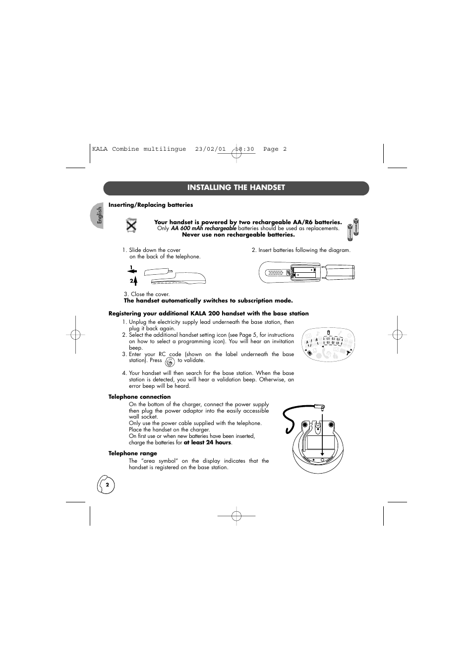 Installing the handset | Philips KALA TD6830 User Manual | Page 2 / 88