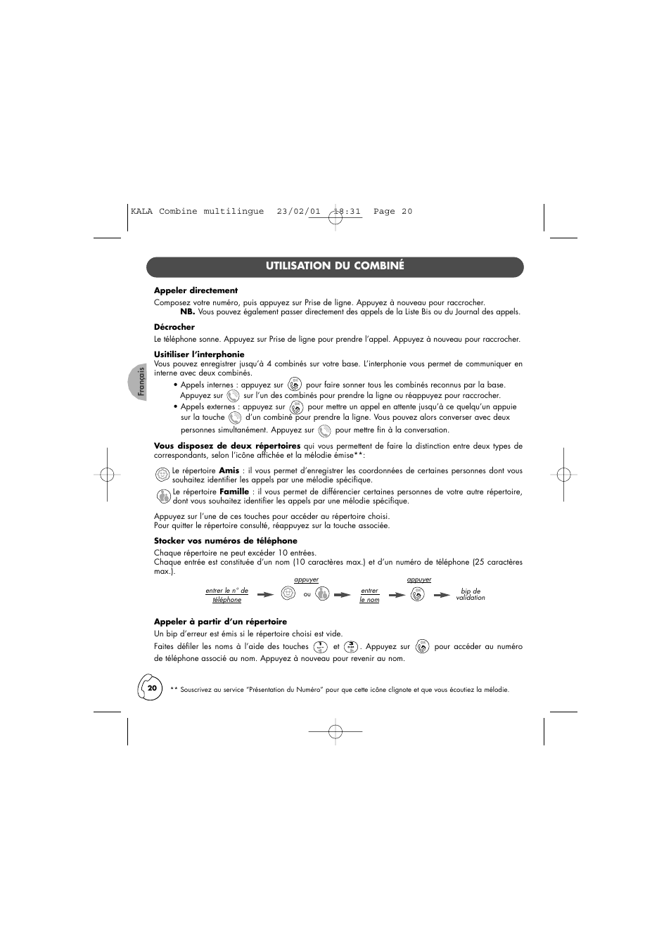 Utilisation du combiné | Philips KALA TD6830 User Manual | Page 20 / 88