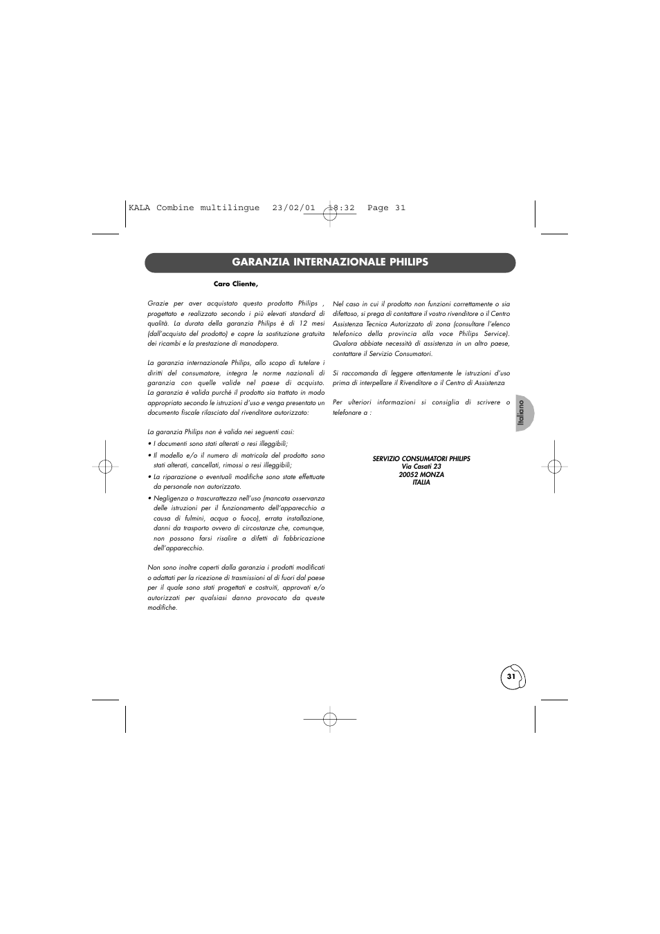 Garanzia internazionale philips | Philips KALA TD6830 User Manual | Page 31 / 88