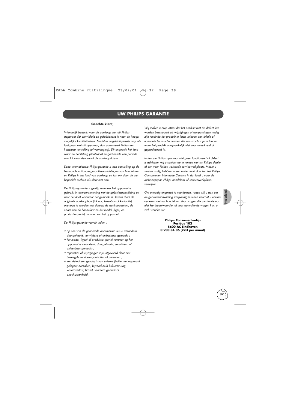 Uw philips garantie | Philips KALA TD6830 User Manual | Page 39 / 88