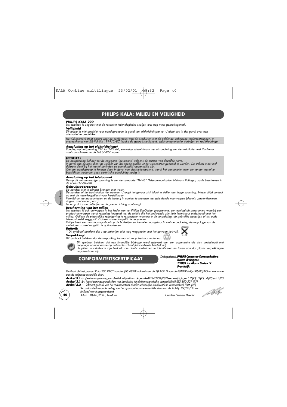 Philips kala: milieu en veiligheid, Conformiteitscertificaat | Philips KALA TD6830 User Manual | Page 40 / 88