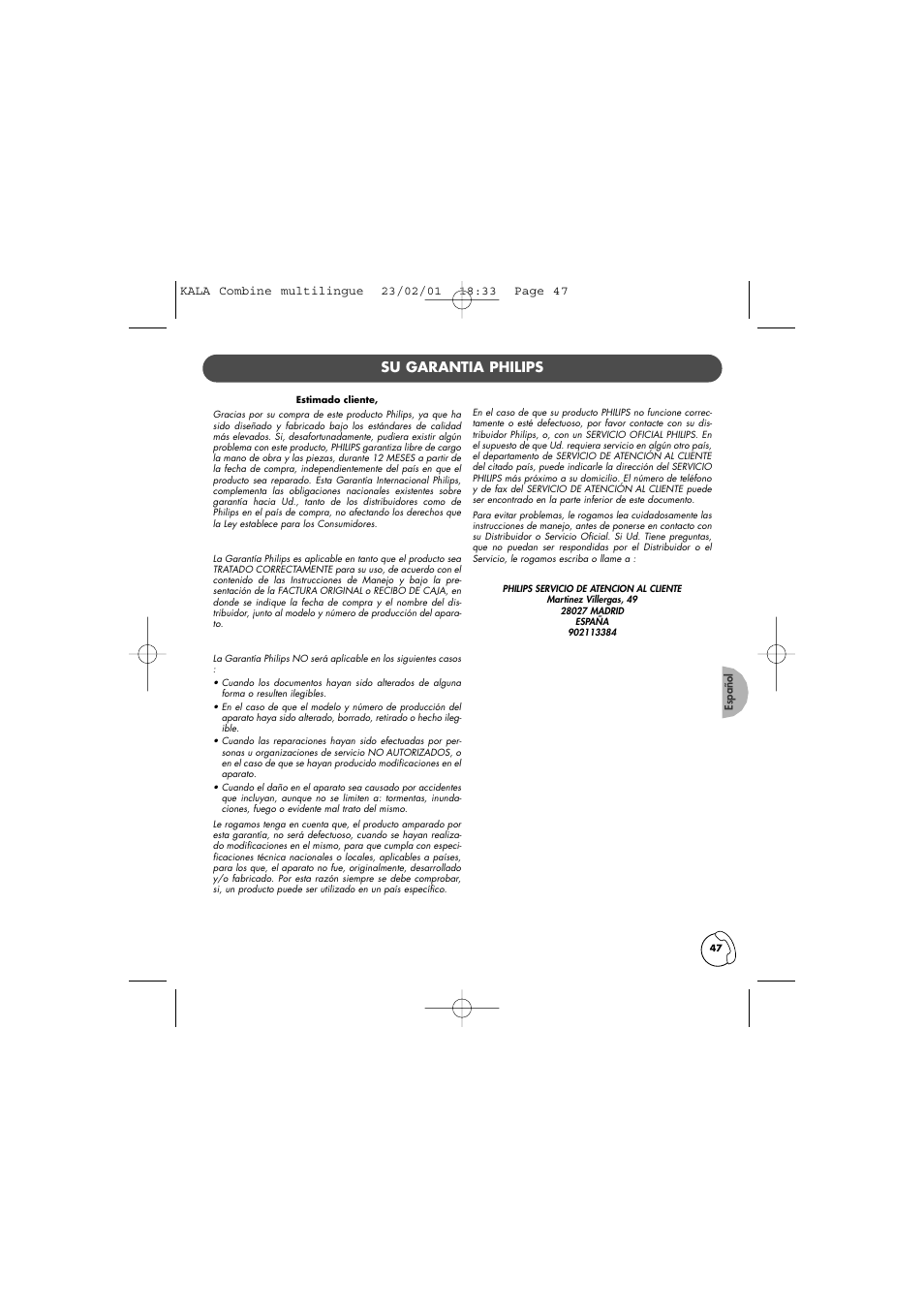 Su garantia philips | Philips KALA TD6830 User Manual | Page 47 / 88