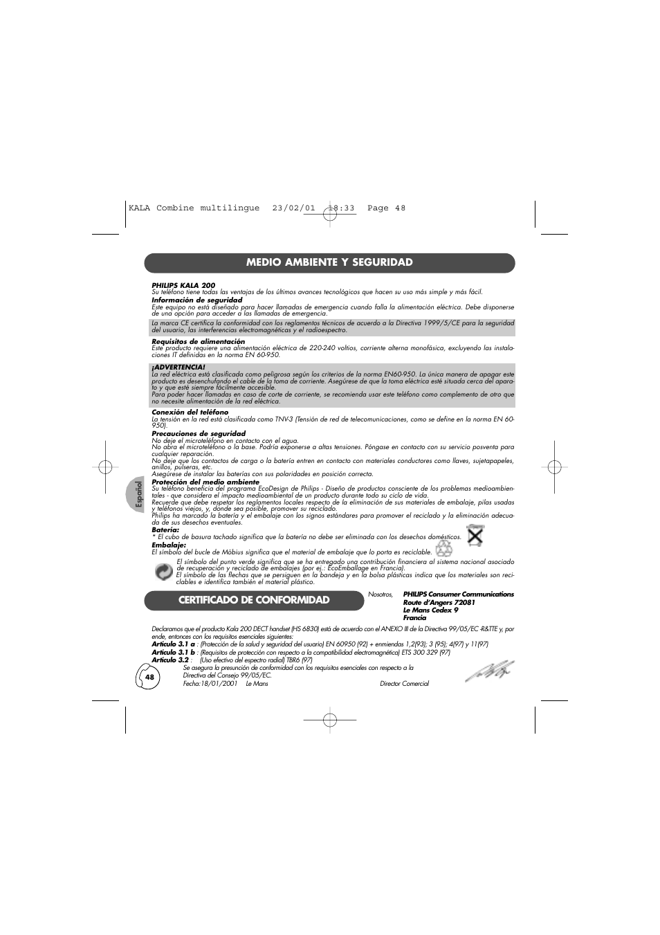 Medio ambiente y seguridad, Certificado de conformidad | Philips KALA TD6830 User Manual | Page 48 / 88