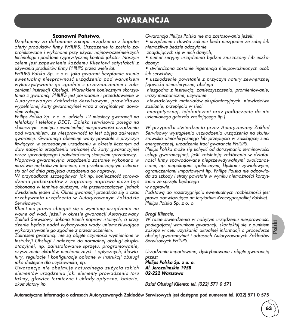 Gwarancja | Philips KALA TD6830 User Manual | Page 63 / 88
