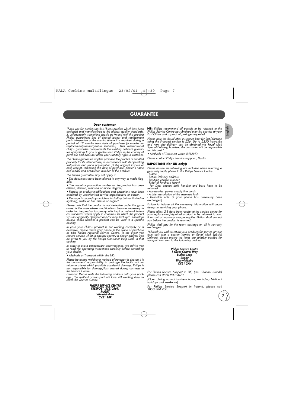 Guarantee | Philips KALA TD6830 User Manual | Page 7 / 88