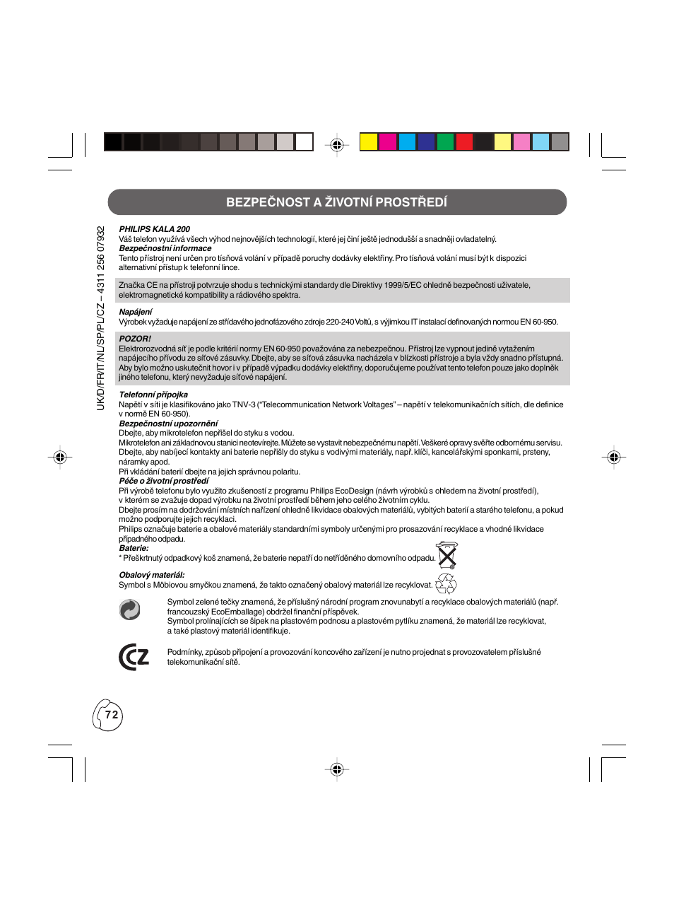 Bezpečnost a životní prostředí | Philips KALA TD6830 User Manual | Page 72 / 88
