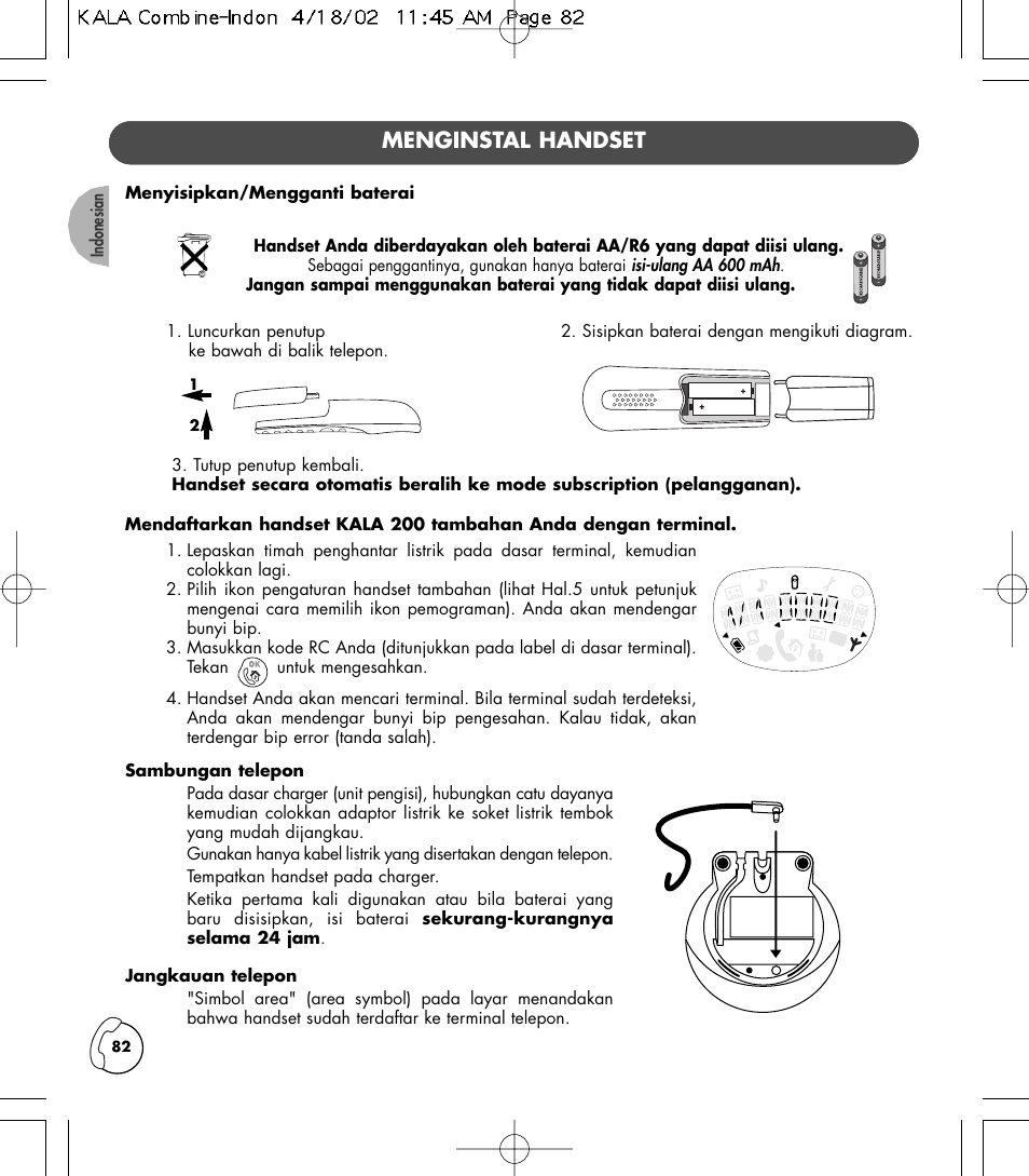Menginstal handset | Philips KALA TD6830 User Manual | Page 82 / 88