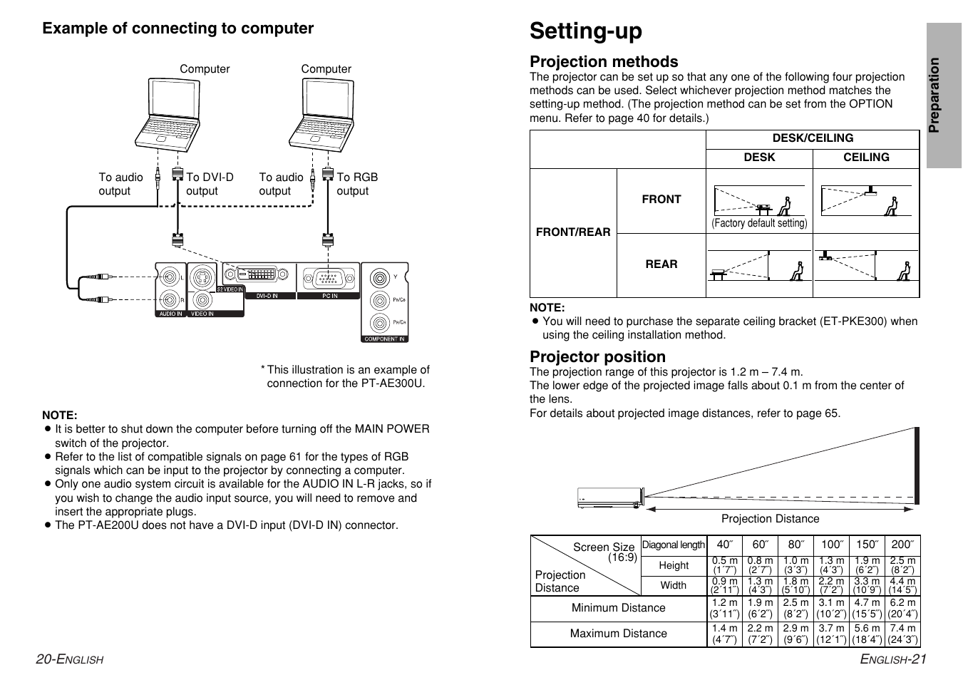 Setting-up, Projection methods, Projector position | Example of connecting to computer | Panasonic PT-AE200U User Manual | Page 11 / 34