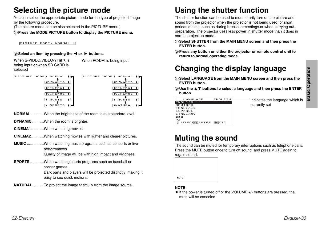 Changing the display language, Using the shutter function, Muting the sound | Selecting the picture mode | Panasonic PT-AE200U User Manual | Page 17 / 34