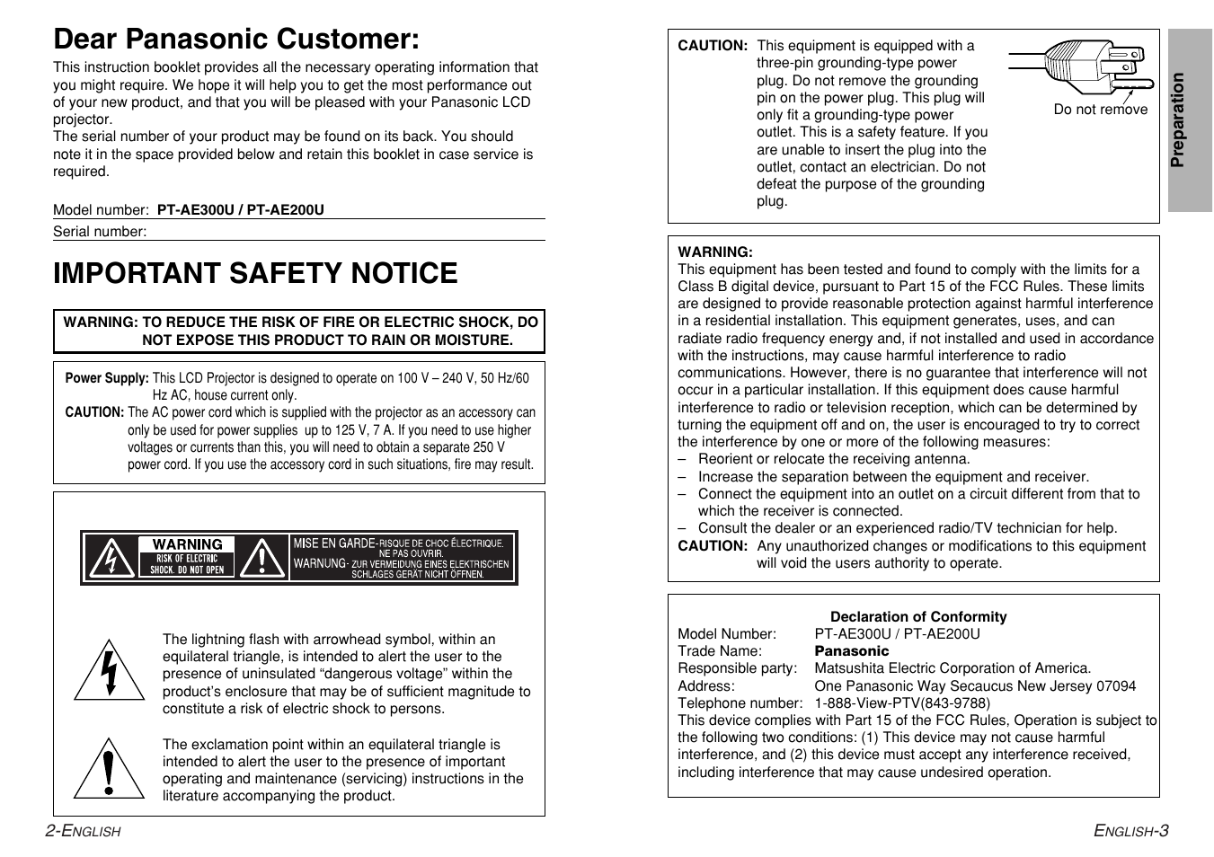 Important safety notice, Dear panasonic customer | Panasonic PT-AE200U User Manual | Page 2 / 34