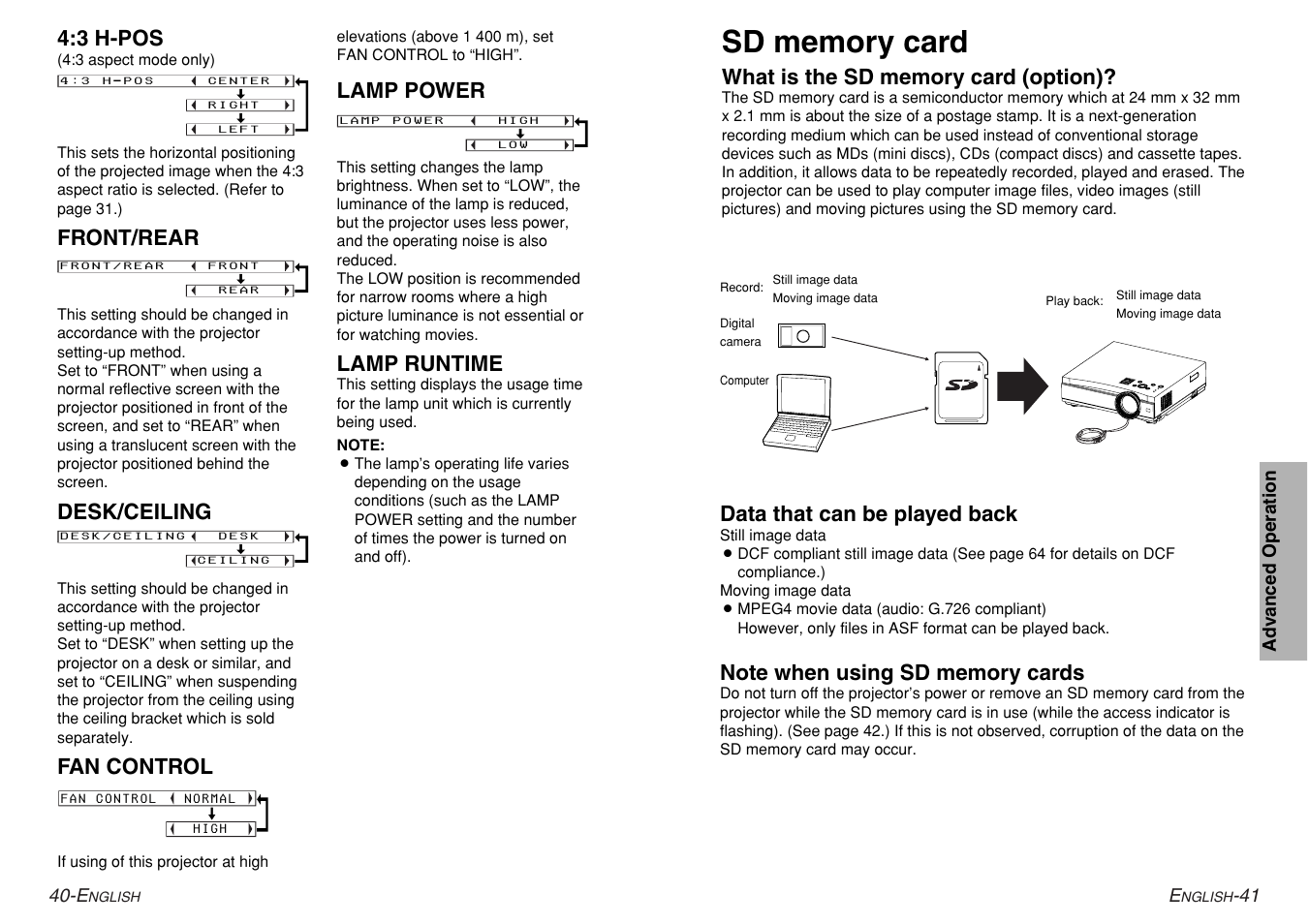 3 h-pos, Front/rear, Desk/ceiling | Fan control, Lamp power, Lamp runtime, Data that can be played back | Panasonic PT-AE200U User Manual | Page 21 / 34