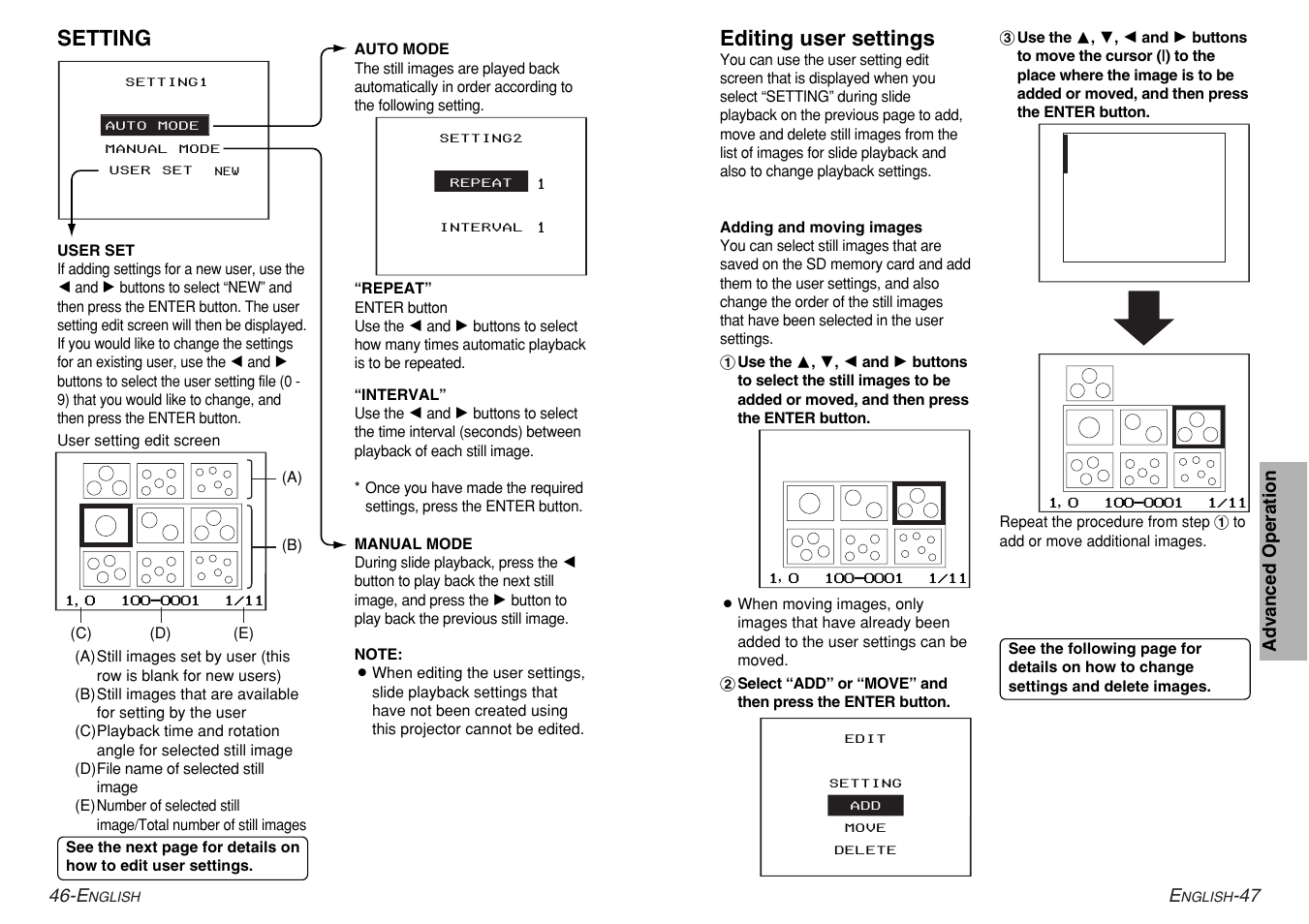 Setting, Editing user settings | Panasonic PT-AE200U User Manual | Page 24 / 34